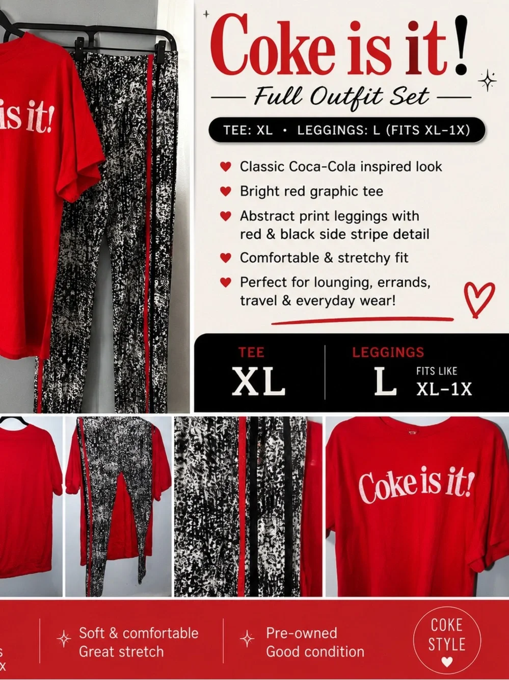 CocaCola Brand Red Graphic Tee with Abstract Leggings Red Striped XL Women’s NEW